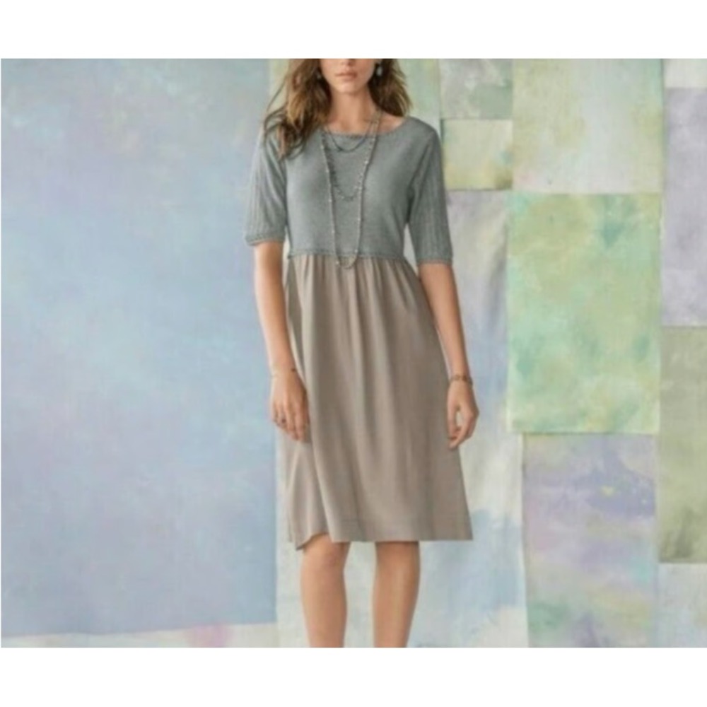 Sundance Sweater Dress Women Large Gray Tan Silk Bottom Lagenlook‎ Chic Classy